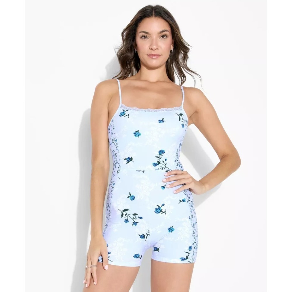 Butter Bliss Lace Trim Romper Light Blue Floral Women Small Spaghetti Strap New